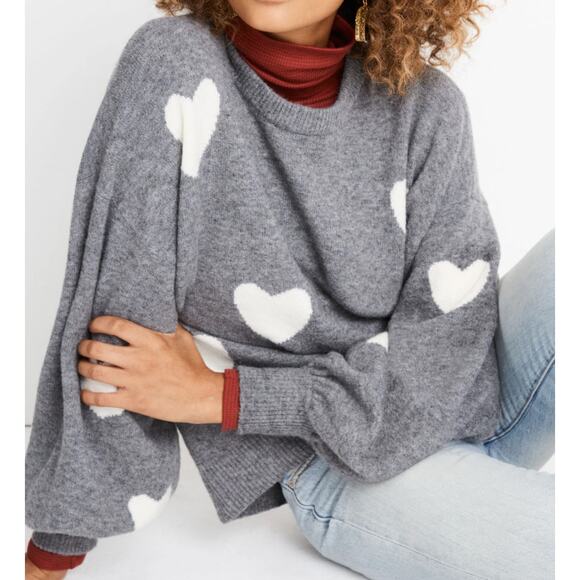 Madewell Dot Balloon Sleeve Pullover Gray & White Sweater Size Small Women - Picture 1 of 7